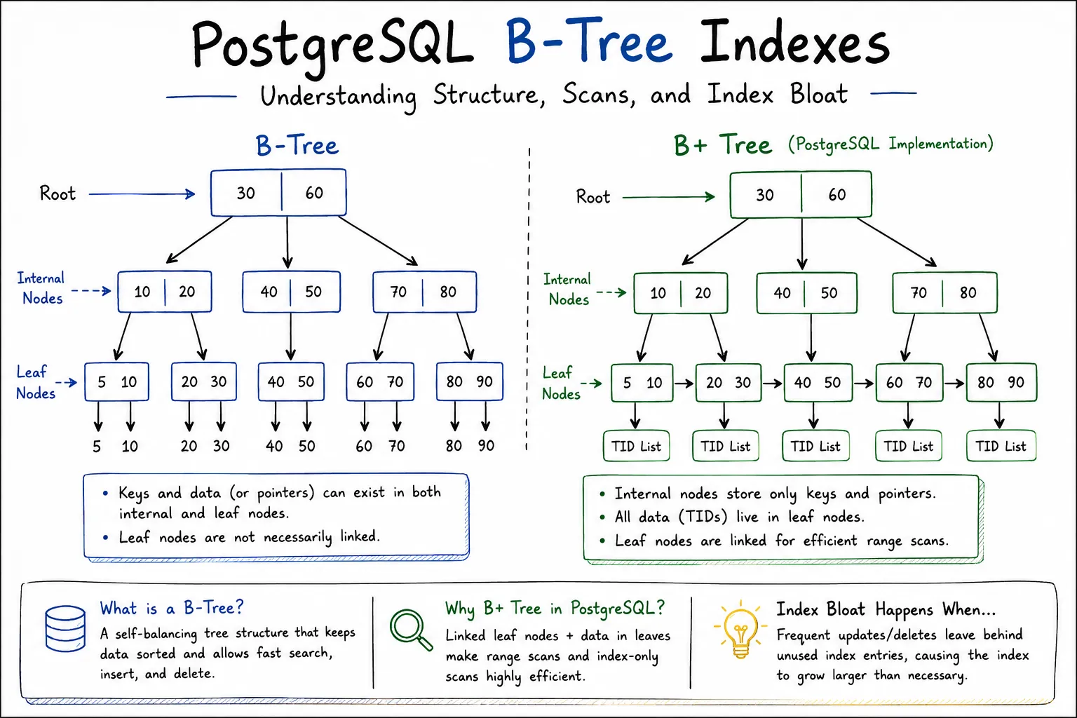 PostgreSQL B-Tree Indexes: Internal Structure, Index Scans, and Bloat